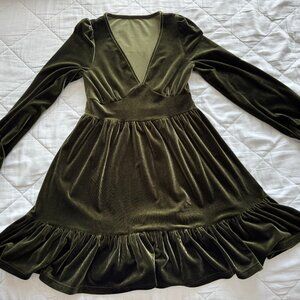 American Eagle Velvet Olive Green Long Sleeve Dress, Women's XS